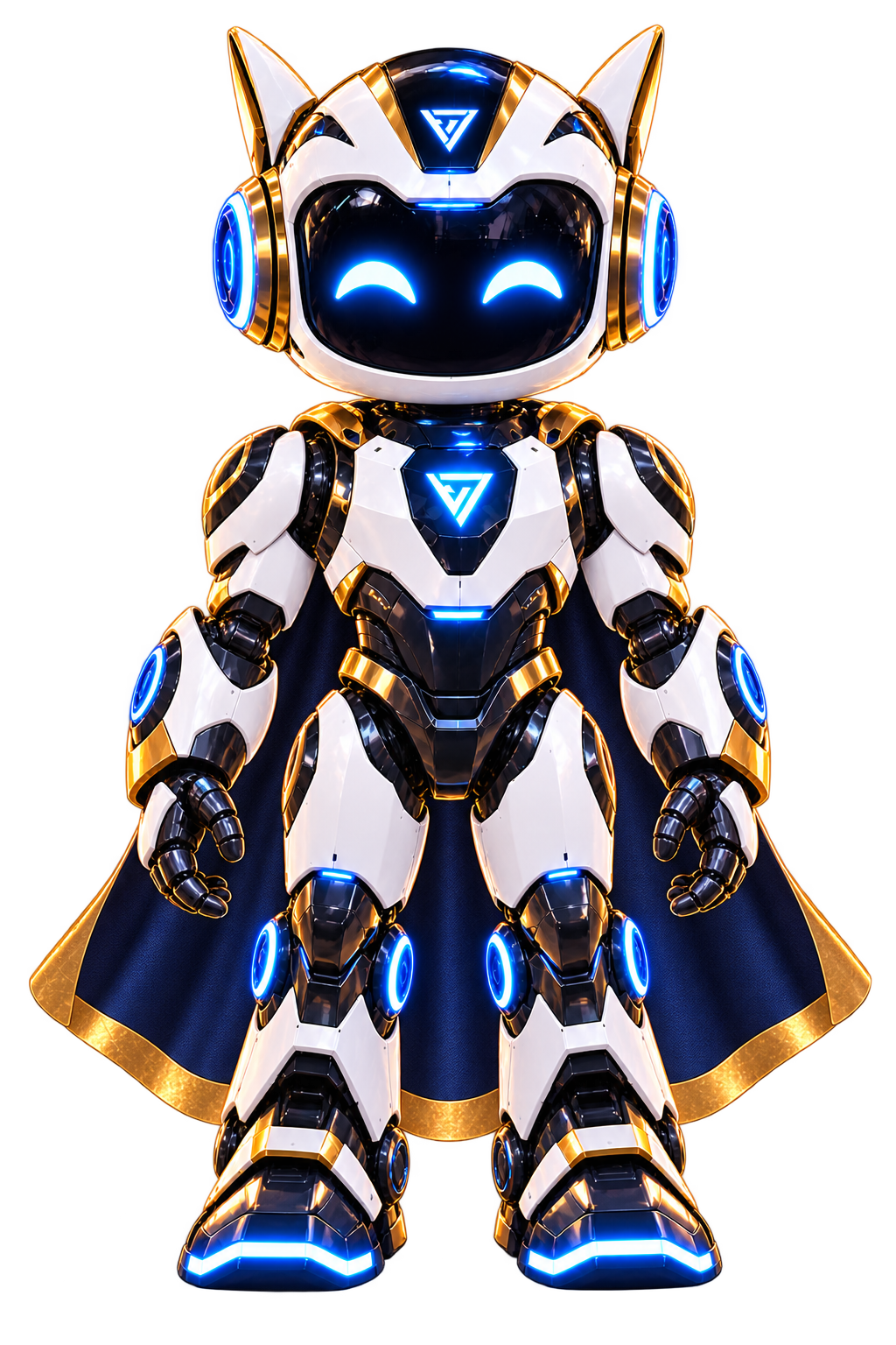 Robot Bạch Kim trắng và vàng, áo choàng đen, ánh sáng xanh